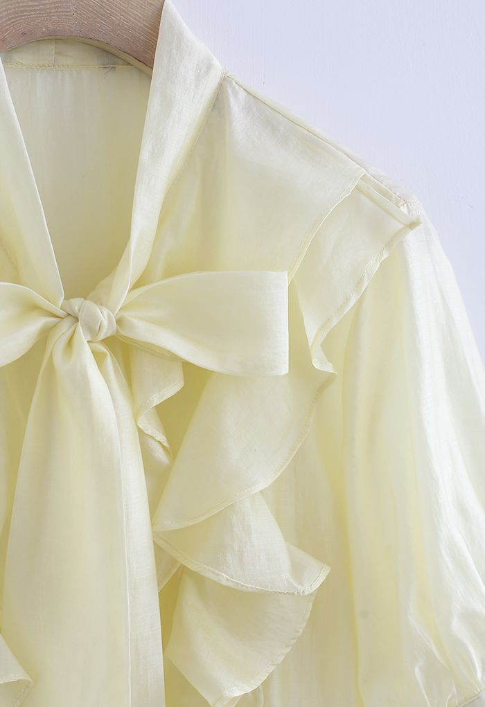 Flowy Ruffle Bow Neck Mid Sleeve Shirt in Yellow - Retro, Indie and ...