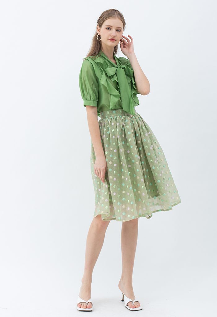 Colorful Dots Jacquard Organza Pleated Skirt in Green