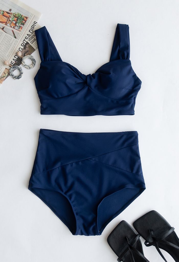 Twist Front High-Waisted Bikini Set in Navy - Retro, Indie and Unique  Fashion