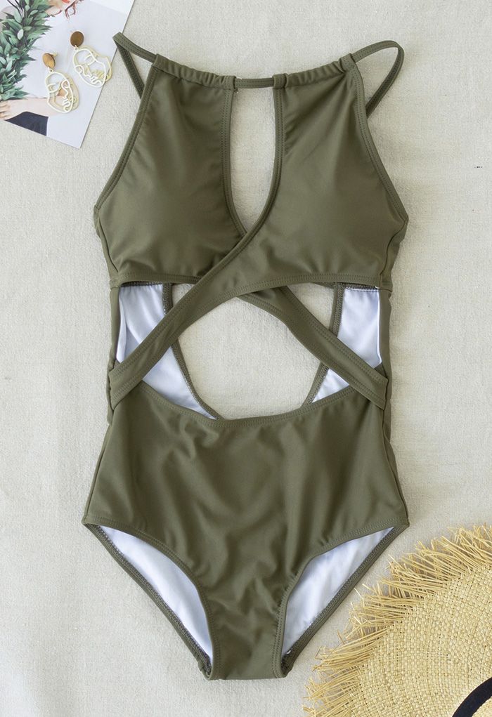 Cross Front Cutout Cami Swimsuit in Army Green