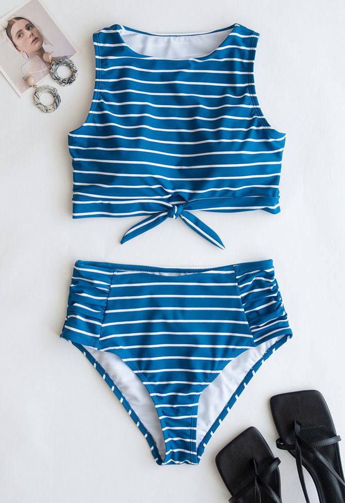 Striped Bowknot High-Waisted Bikini Set