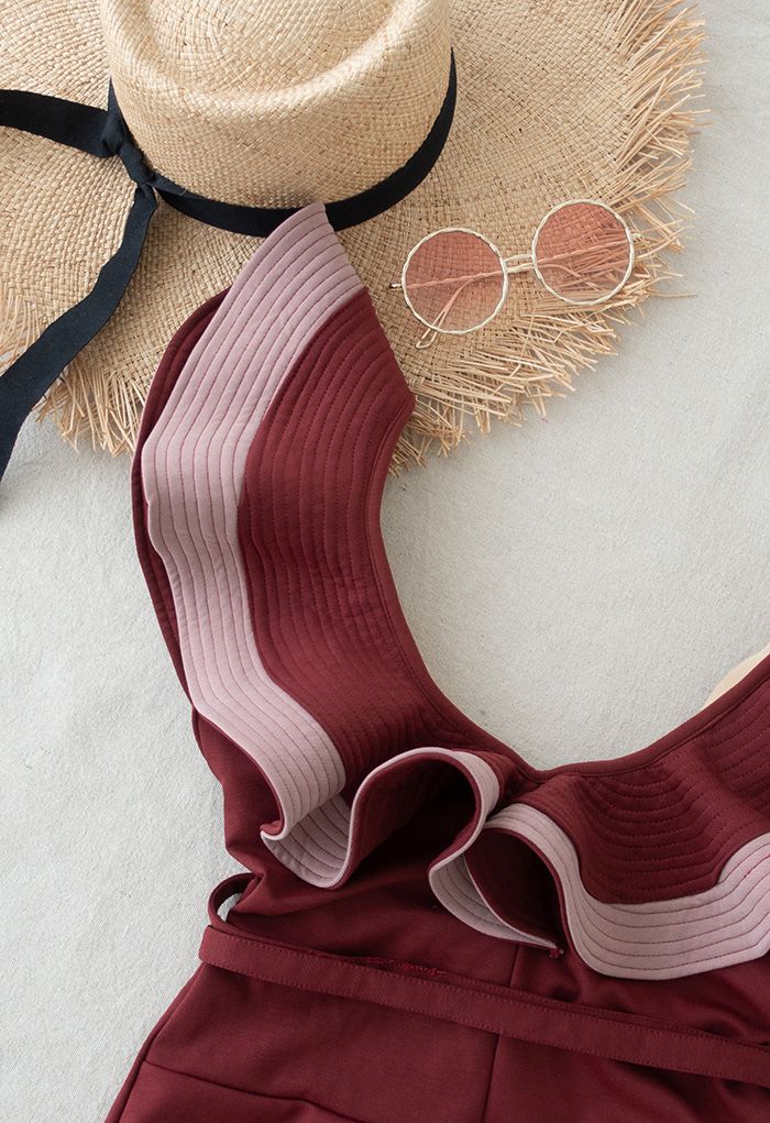 Ruffled Neck One-Piece Swimsuit in Wine for Mommy & Kids