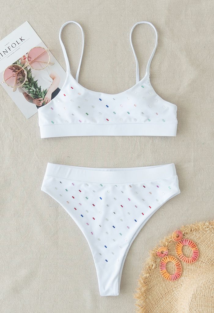 Colorful Sequin Cami Bikini Set in White
