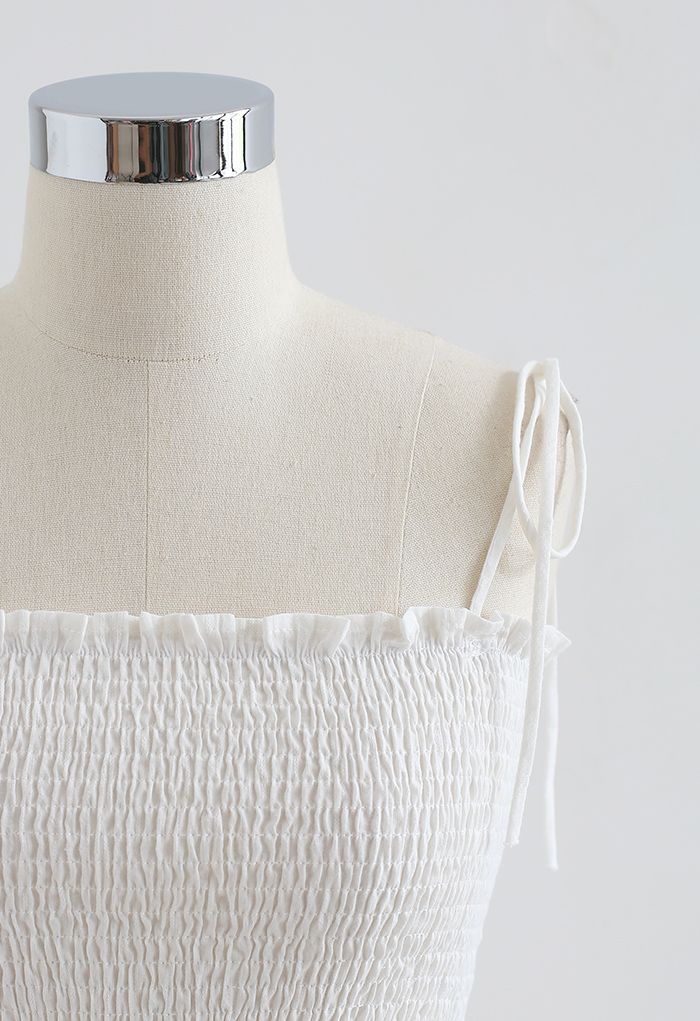 Self-Tie Shoulder Shirred Crop Top in White