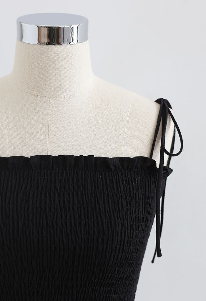 Self-Tie Shoulder Shirred Crop Top in Black