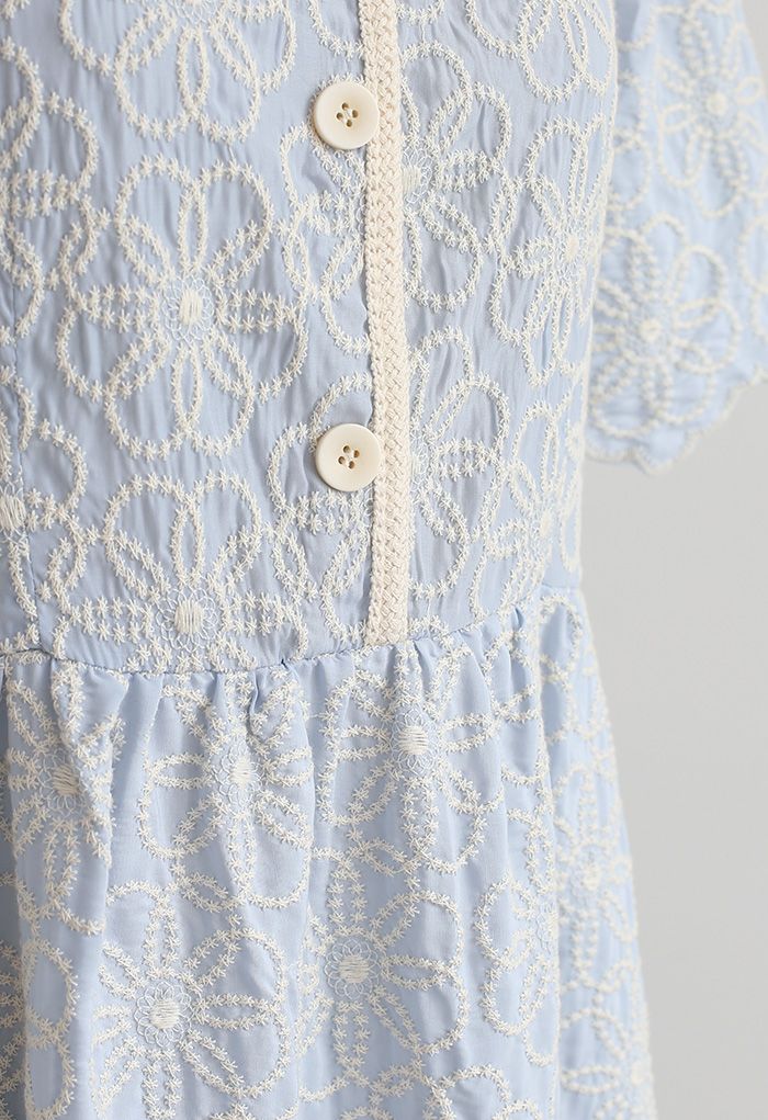 Full Flower Embroidered Button Scalloped Dress in Baby Blue