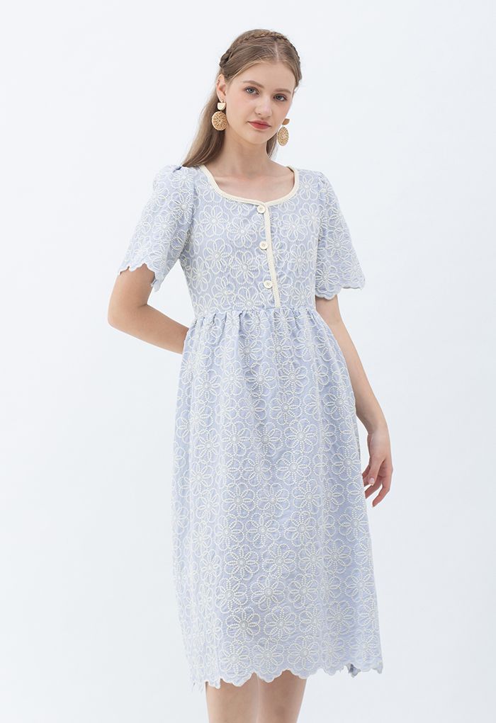 Full Flower Embroidered Button Scalloped Dress in Baby Blue