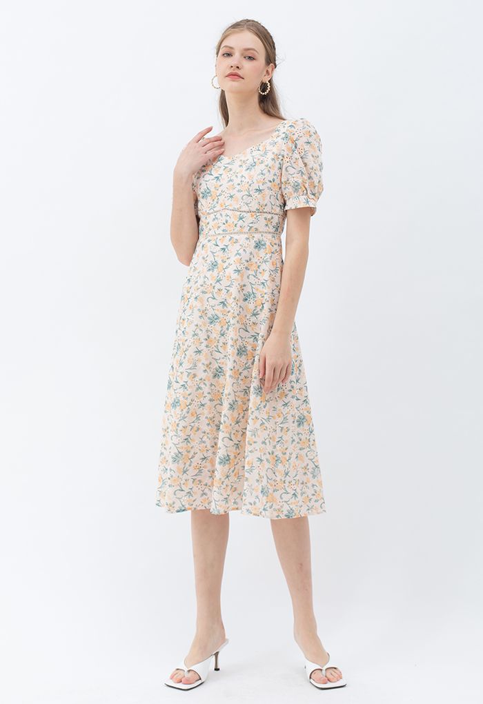 Sweetheart Neck Floral Broderie Anglaise Midi Dress - Retro, Indie and ...