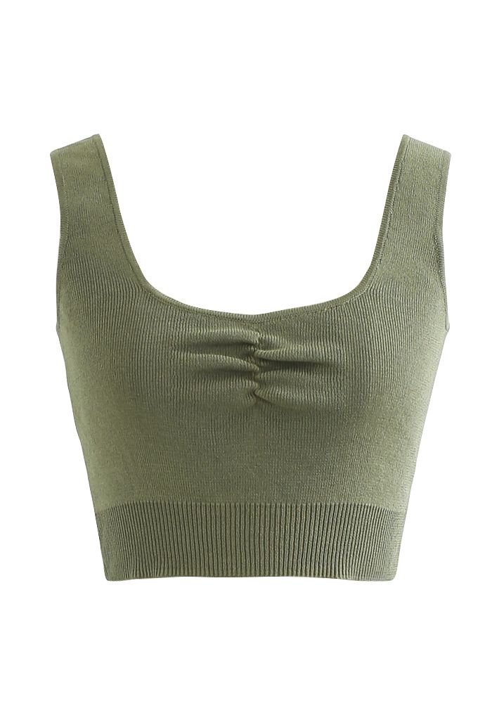 Ruched Front Knit Crop Tank Top in Army Green - Retro, Indie and Unique ...