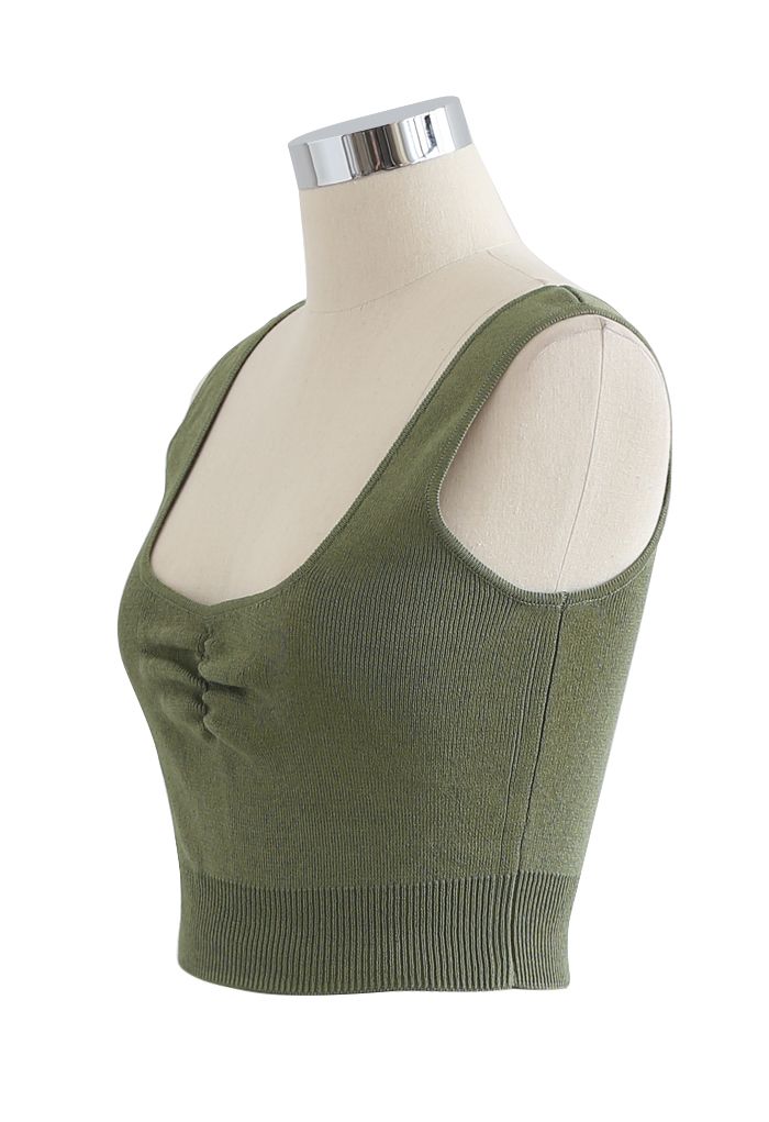 Ruched Front Knit Crop Tank Top in Army Green