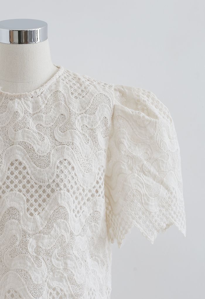 Scrolled Embroidery Zigzag Organza Top in Cream