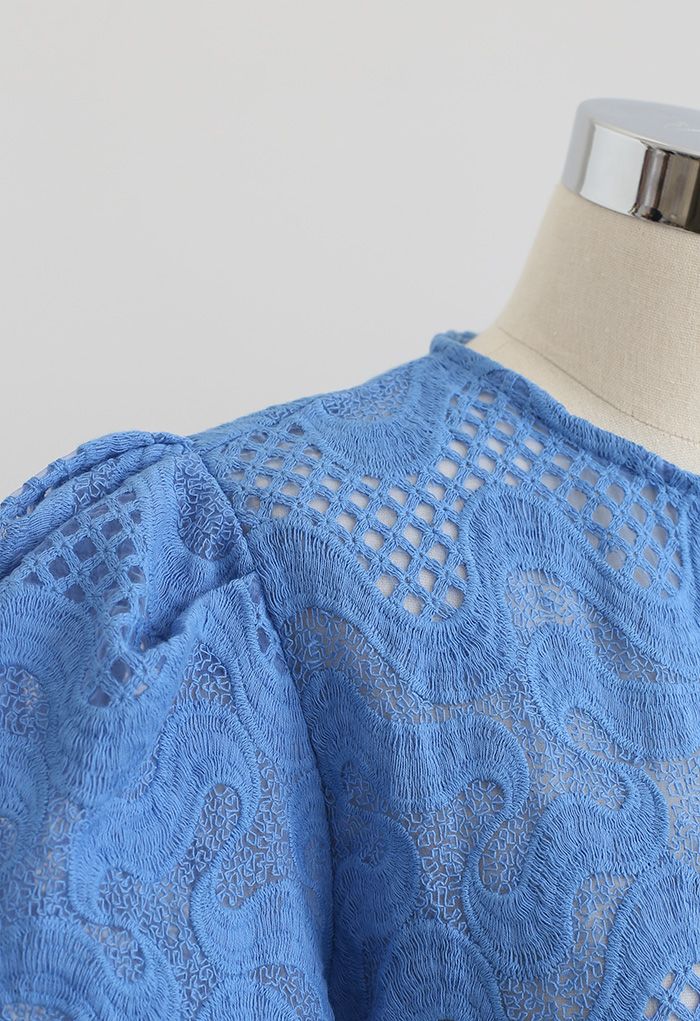 Scrolled Embroidery Zigzag Organza Top in Blue - Retro, Indie and ...
