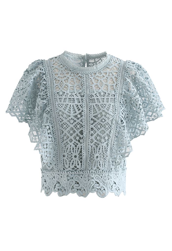 Ruffle Sleeves Full Crochet Crop Top in Dusty Blue - Retro, Indie and ...