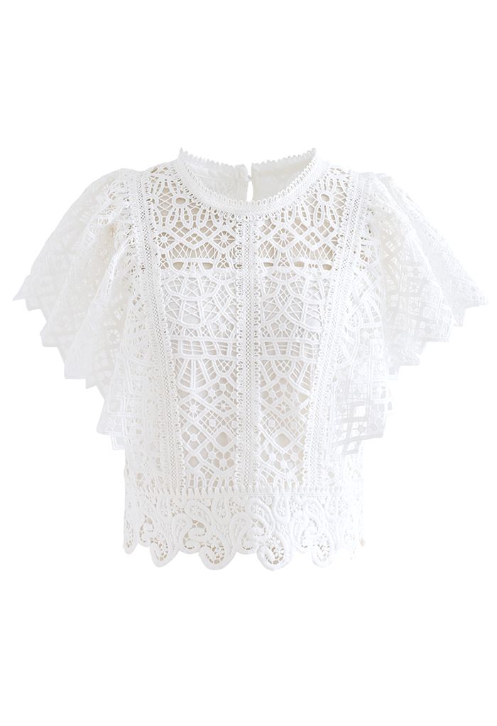 Ruffle Sleeves Full Crochet Crop Top in White