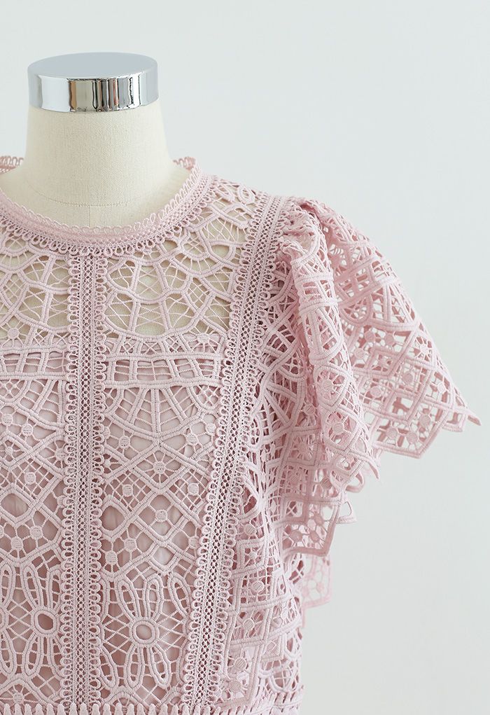 Ruffle Sleeves Full Crochet Crop Top in Dusty Pink