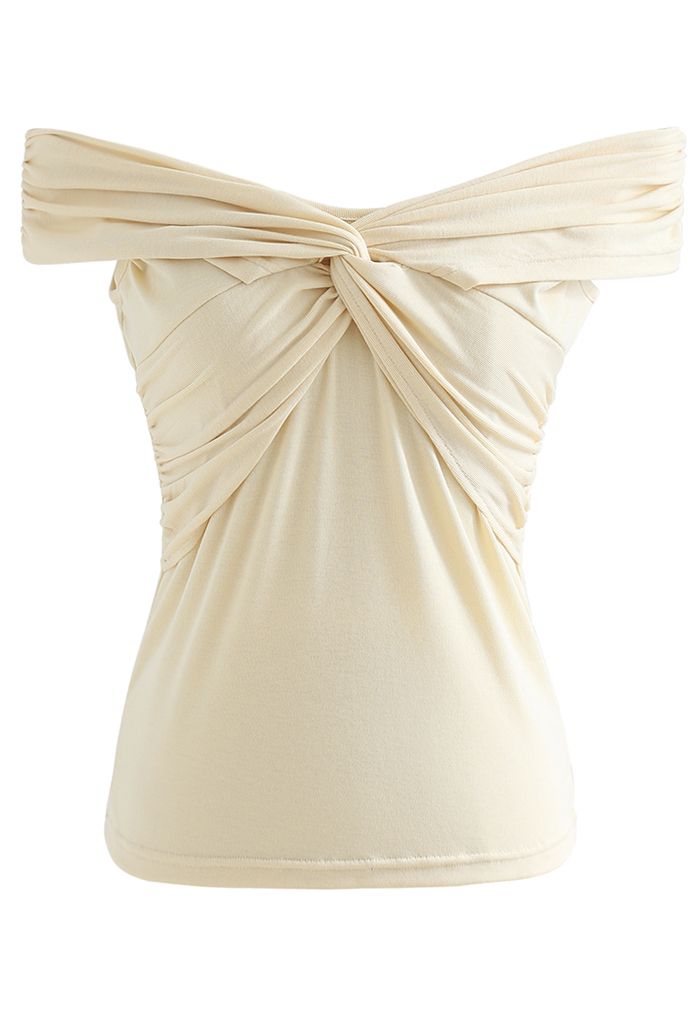 Twist Front Off-Shoulder Fitted Top in Cream