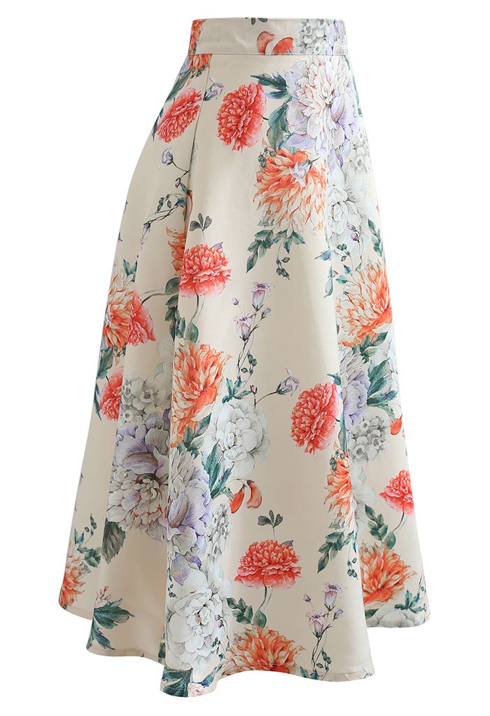 Morning Peony Printed A-Line Midi Skirt - Retro, Indie and Unique Fashion