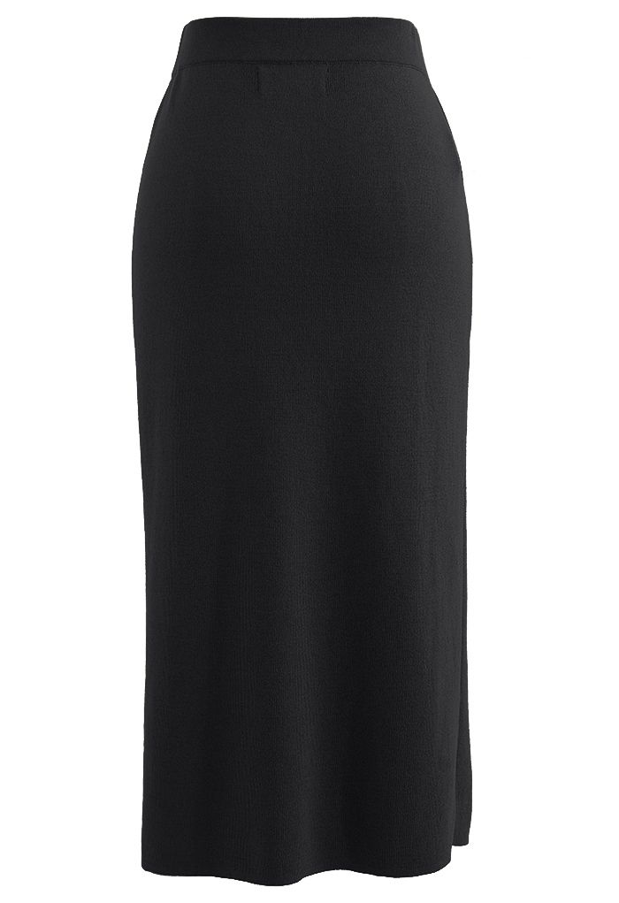 Ruched Front Slit Knit Pencil Skirt in Black - Retro, Indie and Unique ...