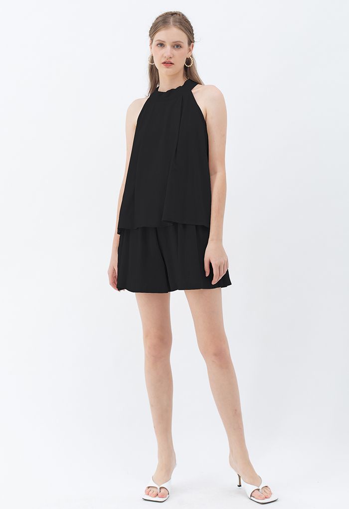 Halter Neck Flared Top and Shorts Set in Black