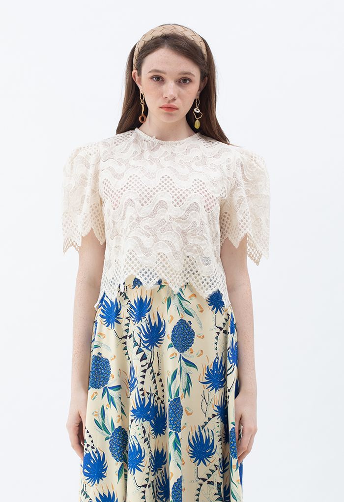 Scrolled Embroidery Zigzag Organza Top in Cream
