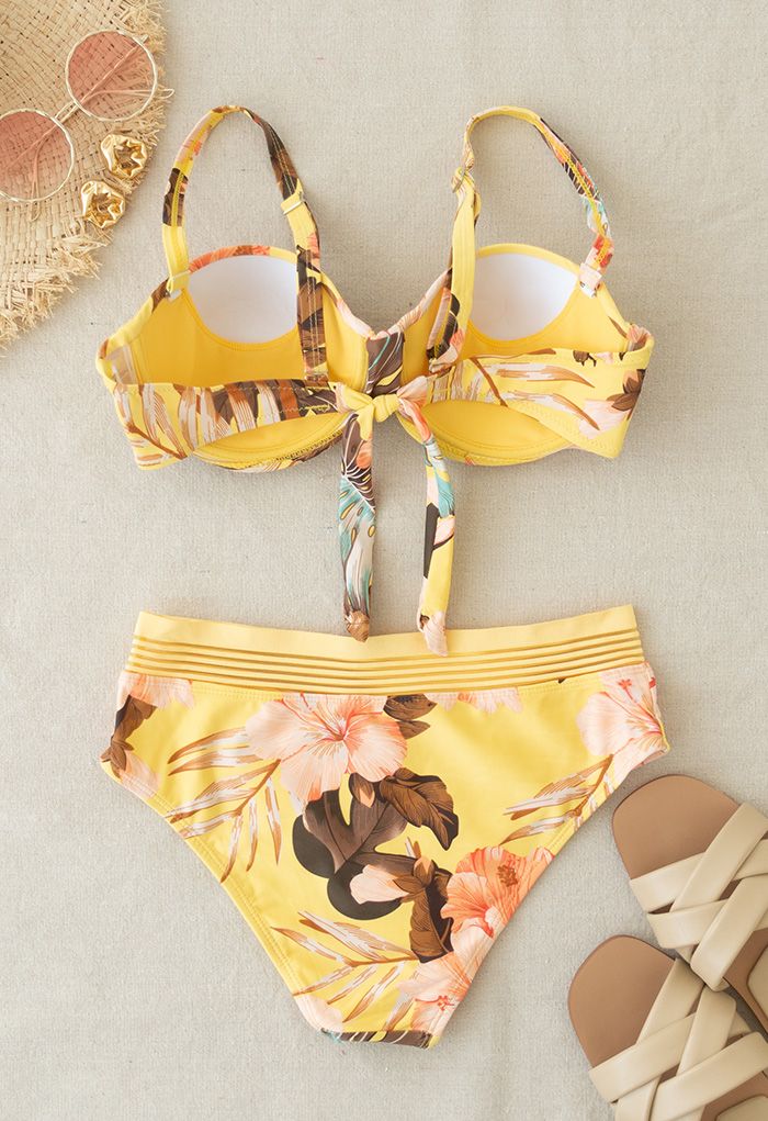 Tropical Leaves Print Bustier Bikini Set in Yellow