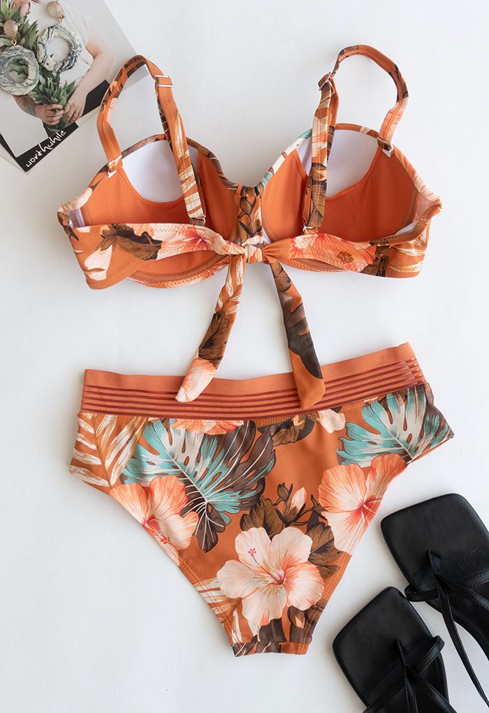 Tropical Leaves Print Bustier Bikini Set in Orange