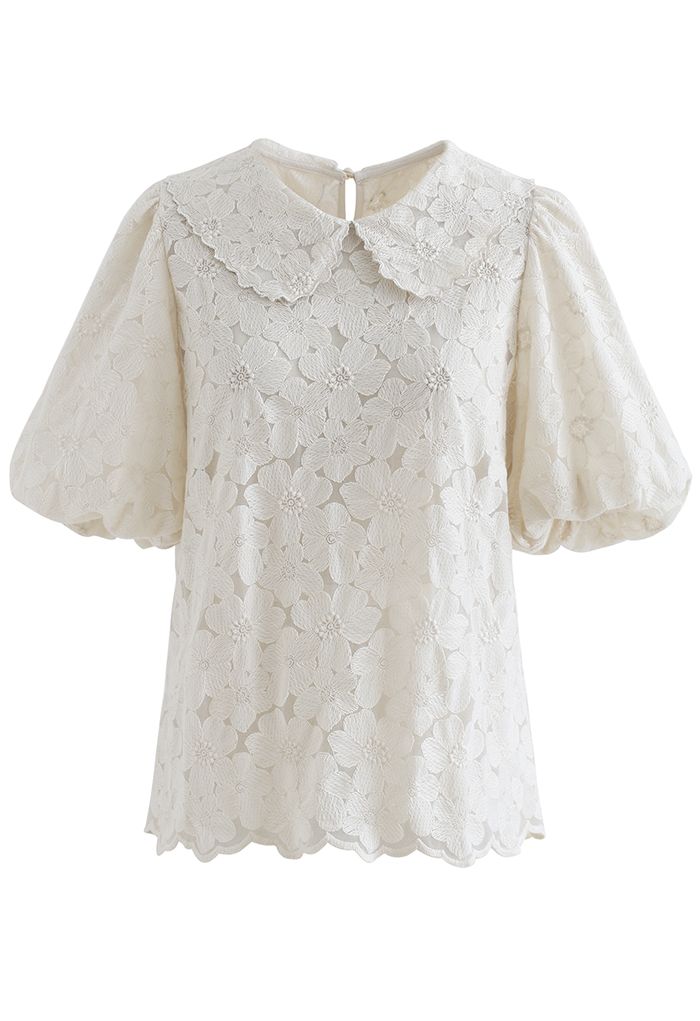 Embroidered Flower Puff Sleeve Mesh Top