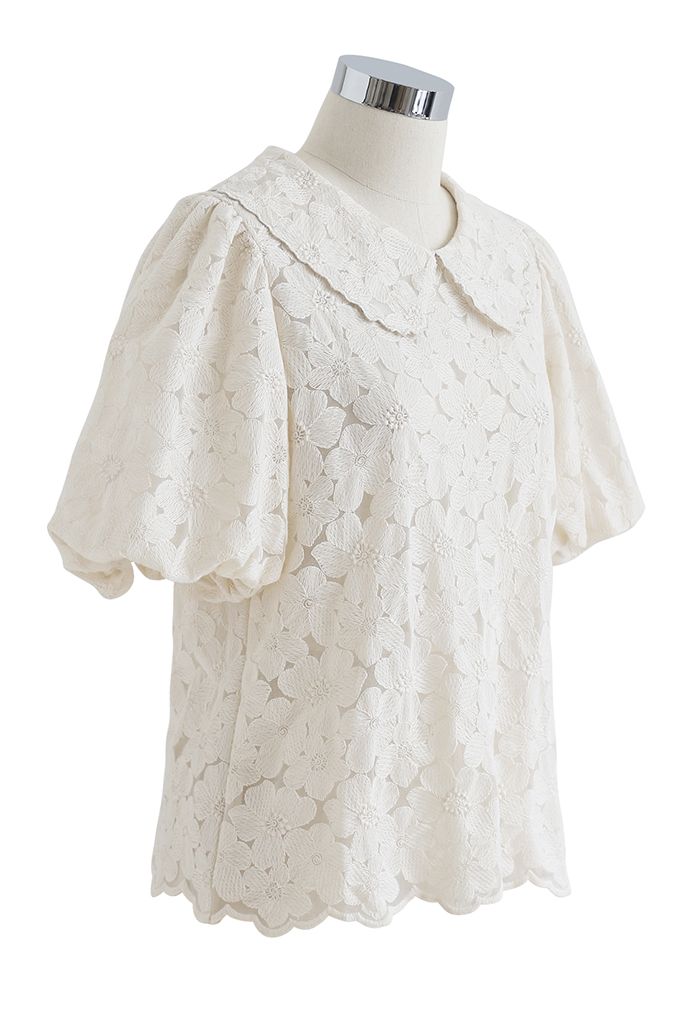 Embroidered Flower Puff Sleeve Mesh Top