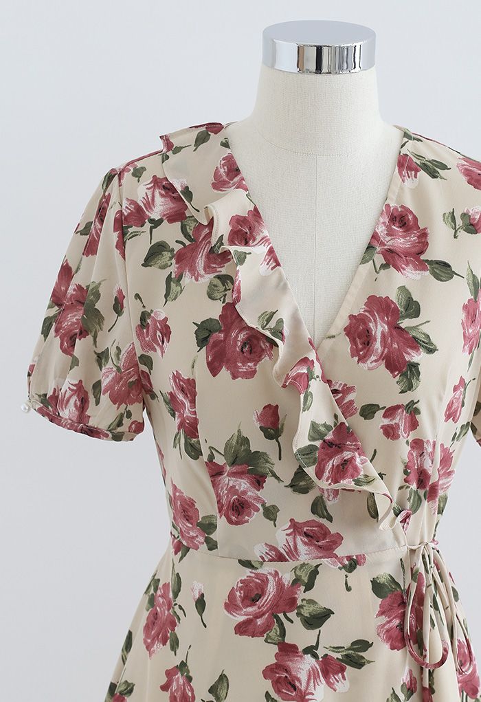 Retro Rose Printed Self-Tie Wrap Asymmetric Dress