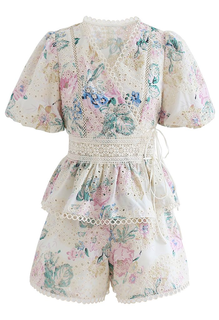 Stunning Eyelet Embroidered Wrap Top and Shorts Set in Floral