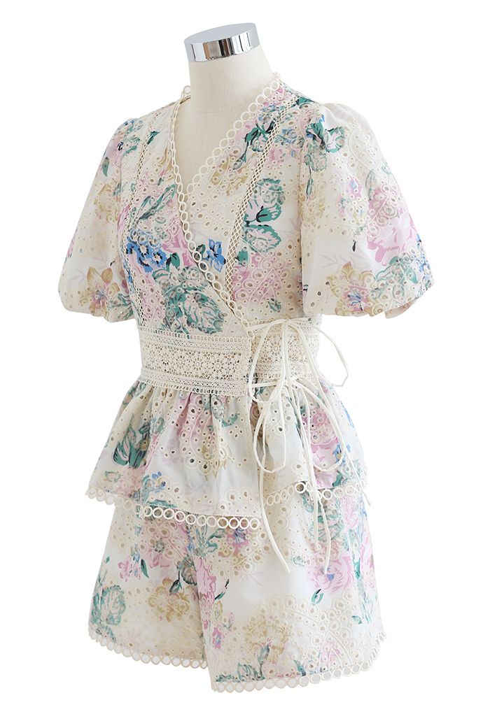 Stunning Eyelet Embroidered Wrap Top and Shorts Set in Floral