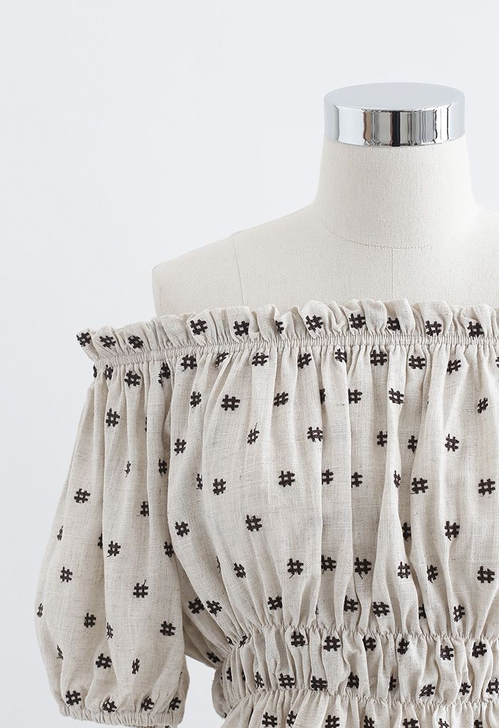 Embroidered Ruffle Hem Off-Shoulder Crop Top in Linen