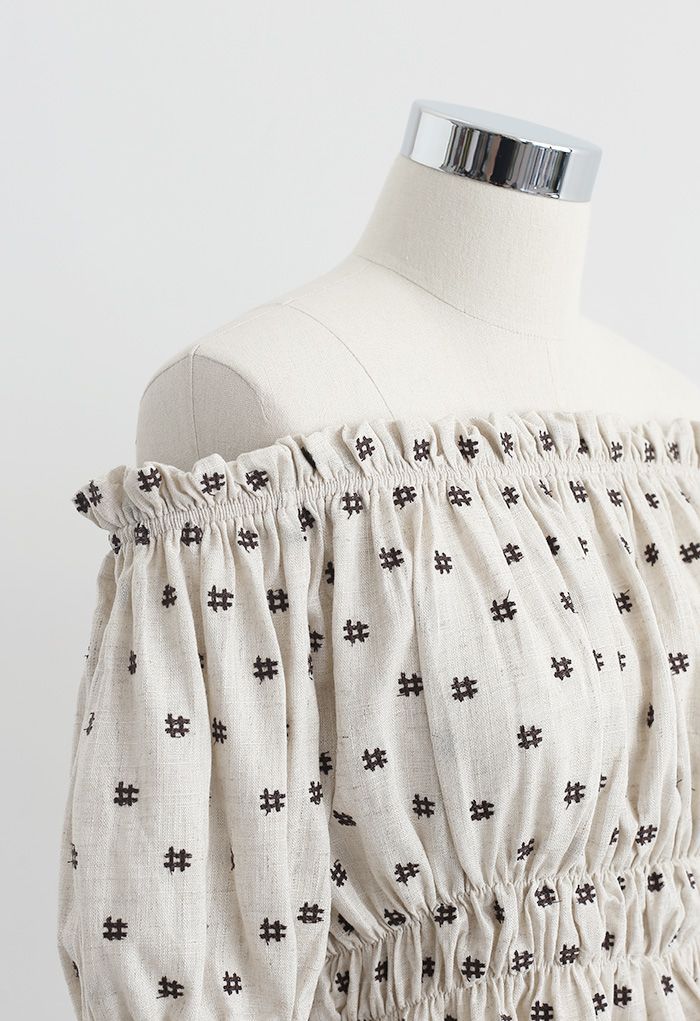 Embroidered Ruffle Hem Off-Shoulder Crop Top in Linen
