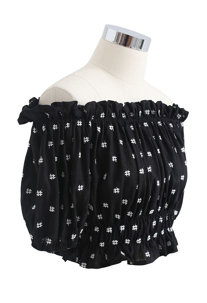Embroidered Ruffle Hem Off-Shoulder Crop Top in Black