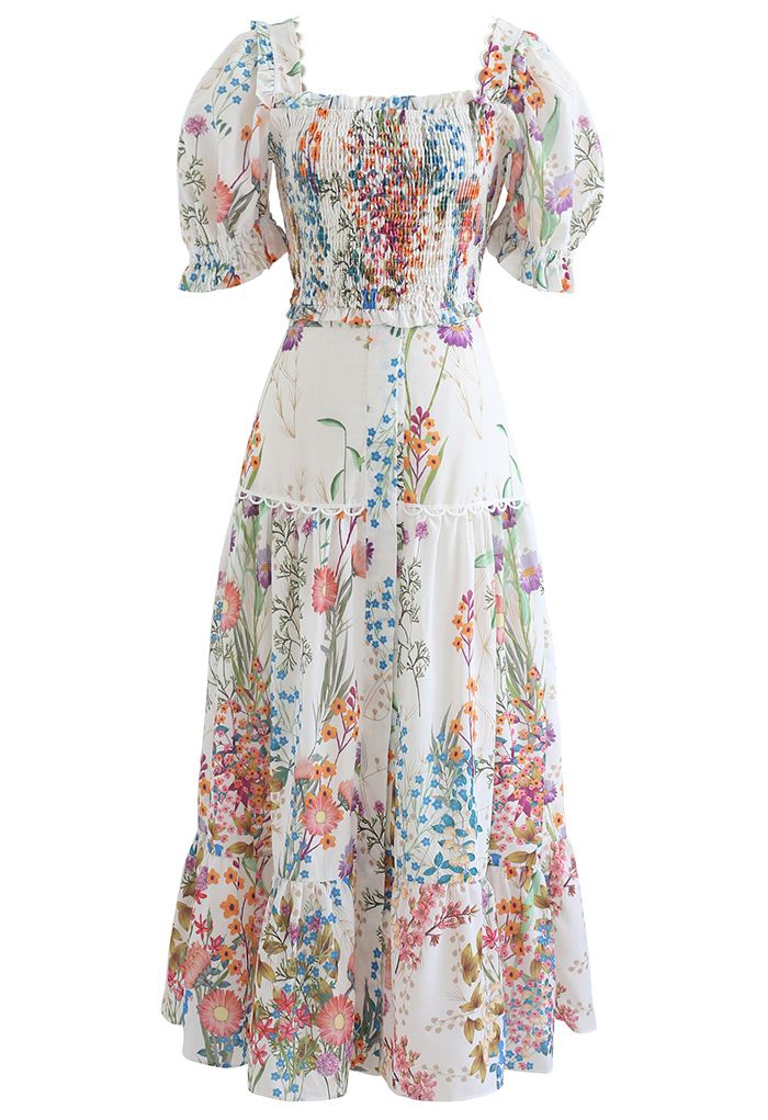 Exuberant Flower Land Printed Top and Buttoned Maxi Skirt Set - Retro ...