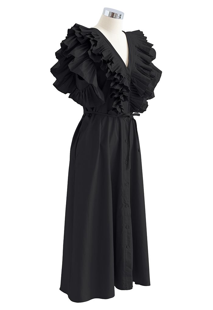Pleated Ruffle Buttoned V-Neck Self-Tie Maxi Dress in Black