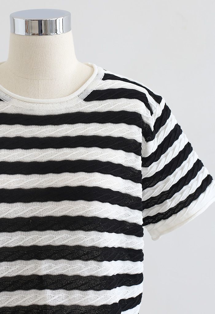 Contrasted Stripe Embossed Knit Top in Black