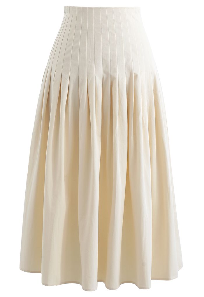 Pleated Waist Cotton Midi Skirt in Cream
