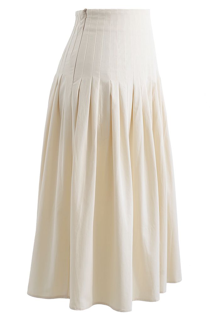 Pleated Waist Cotton Midi Skirt in Cream