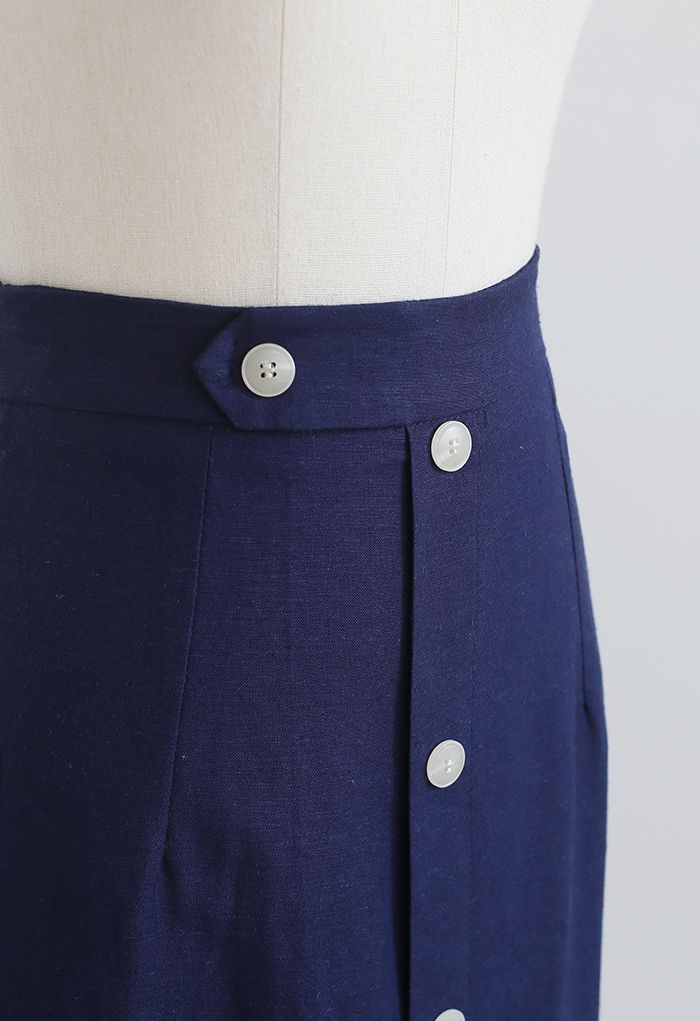 Button Embellished Slit Front Midi Skirt in Navy