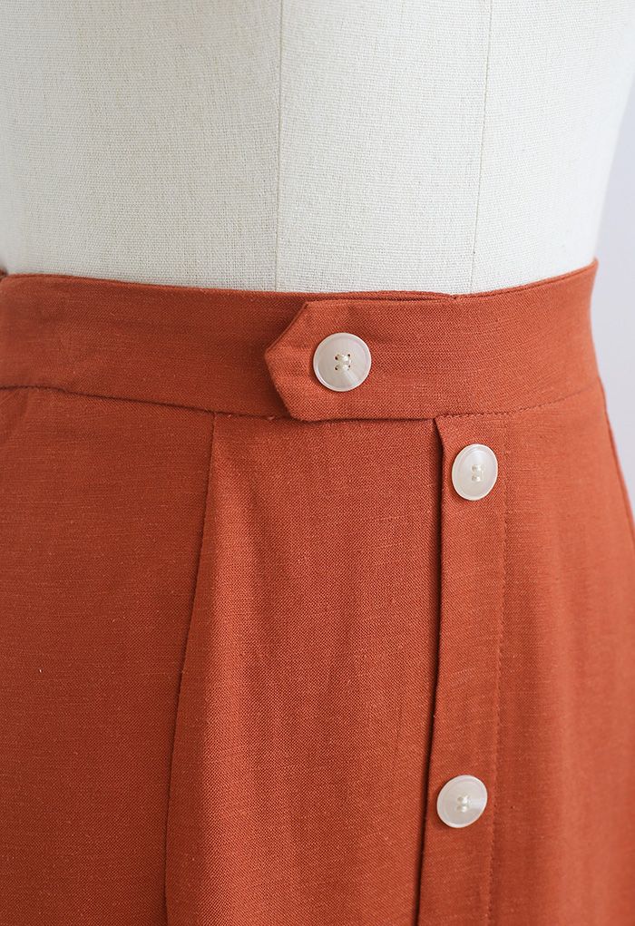 Button Embellished Slit Front Midi Skirt in Orange