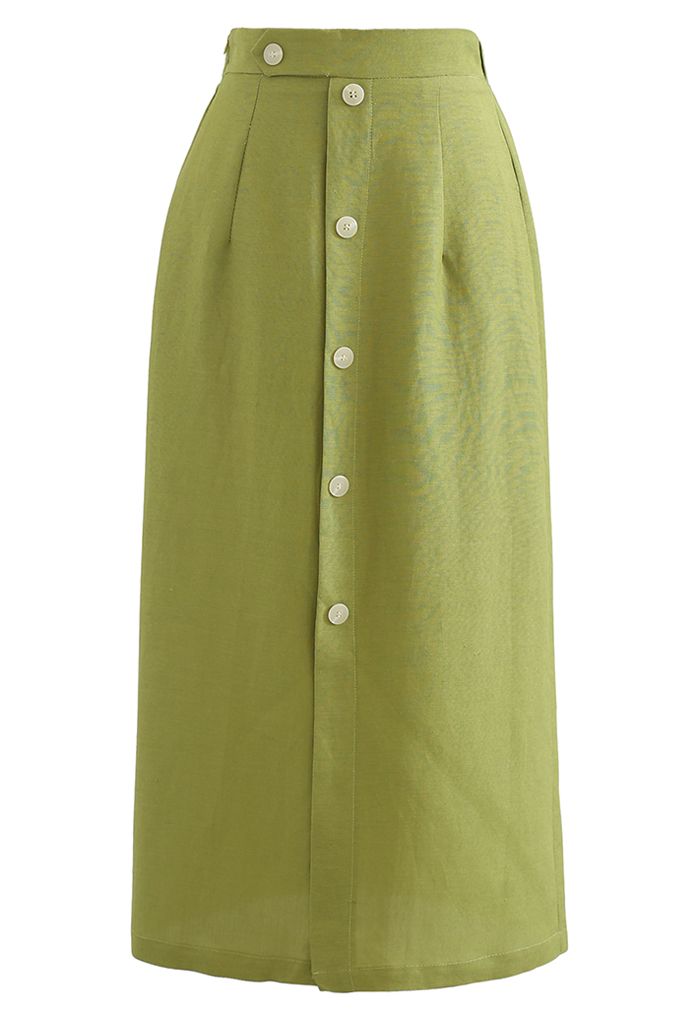 Button Embellished Slit Front Midi Skirt in Moss Green