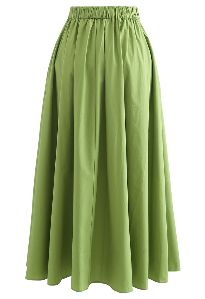 Box Pleated High Waist A-Line Midi Skirt in Green