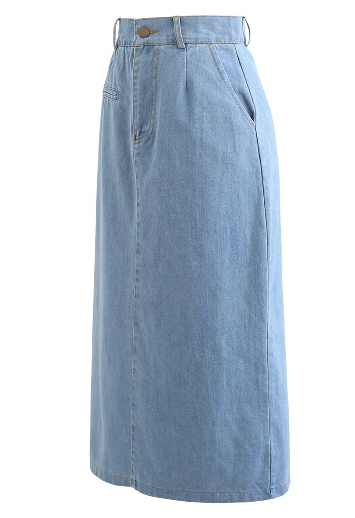 Back Slit Pocket Washed Denim Midi Skirt - Retro, Indie and Unique Fashion