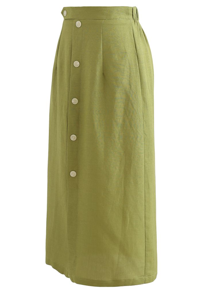 Button Embellished Slit Front Midi Skirt in Moss Green