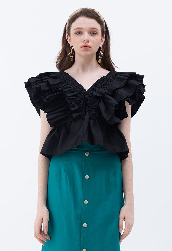 Pleated Ruffle Buttoned Deep V-Neck Crop Top in Black