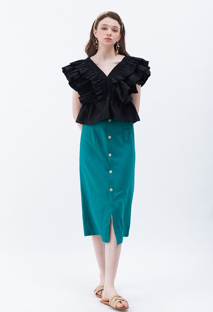 Button Embellished Slit Front Midi Skirt in Teal