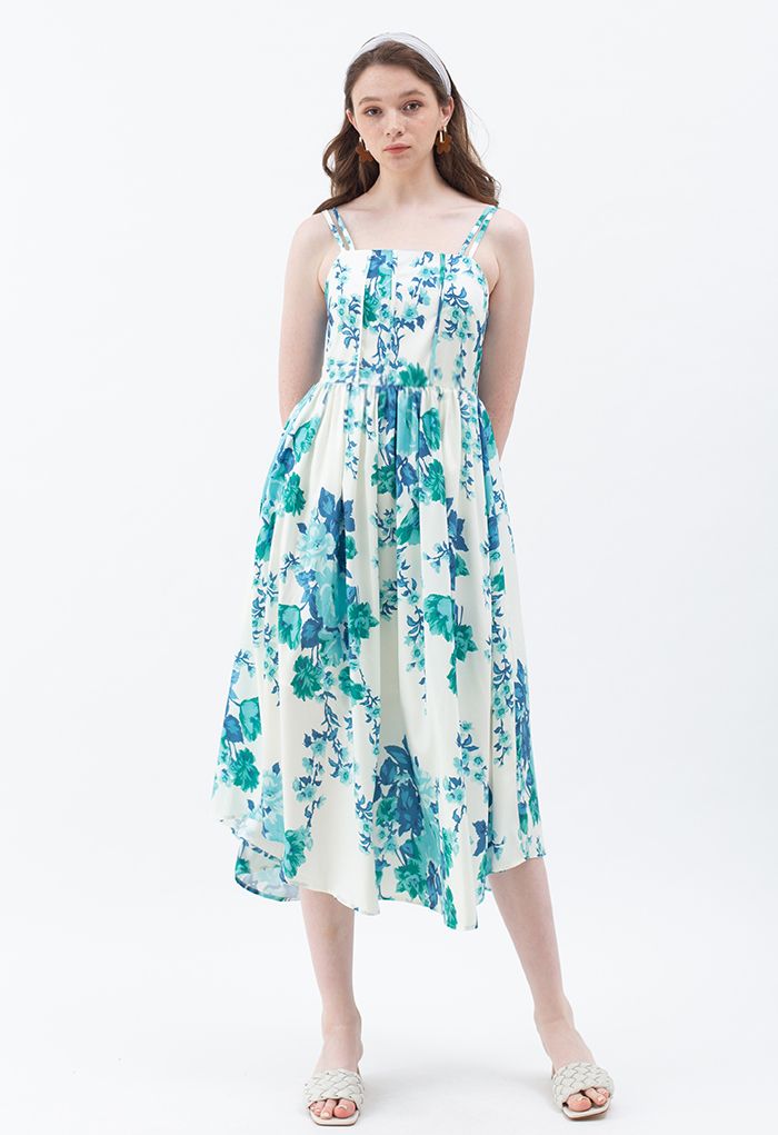Watercolor Greenery Floral Tie Shoulder Maxi Dress