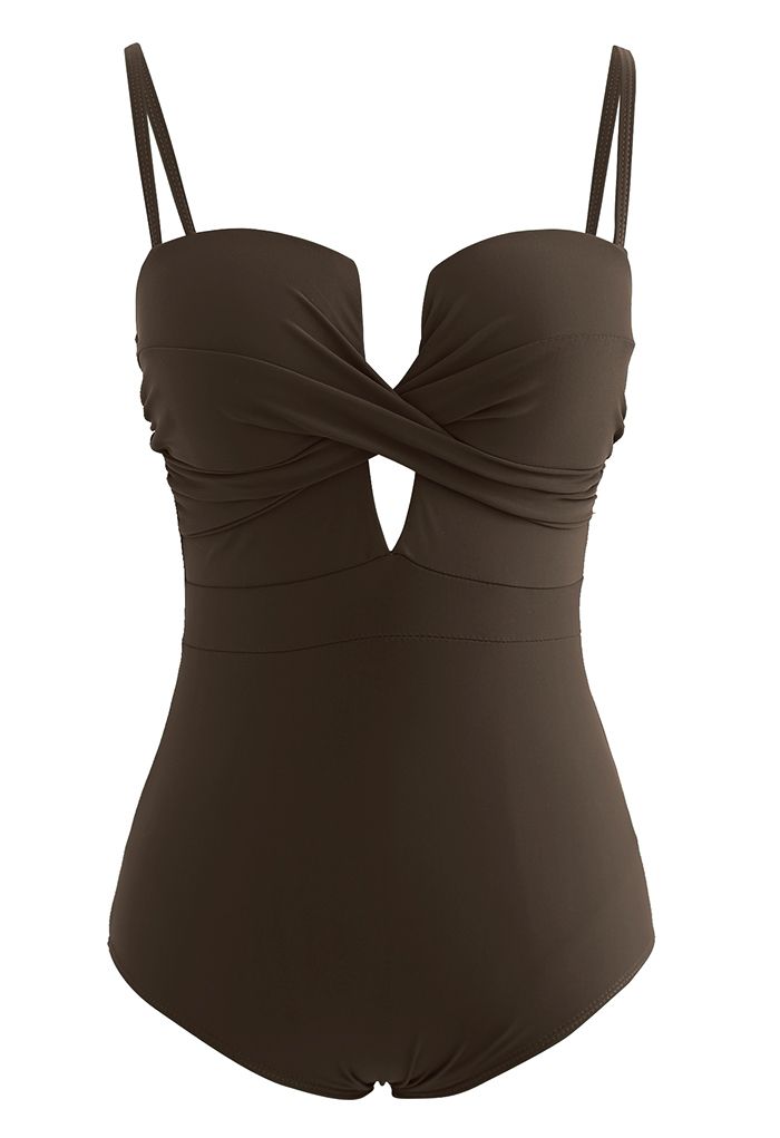 Cross Front Cami Swimsuit in Brown - Retro, Indie and Unique Fashion