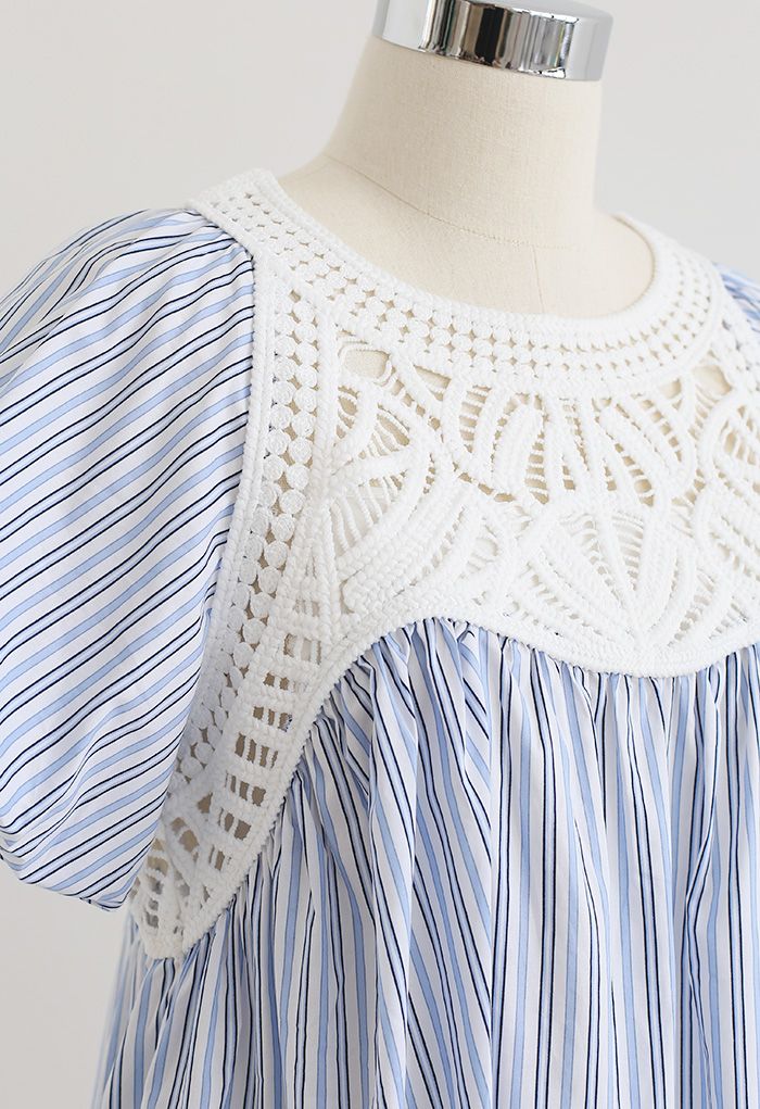 Crochet Inserted Bubble Sleeves Dolly Top in Stripe